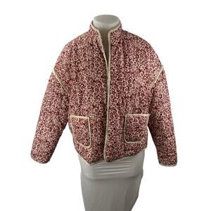 Womens Pink Floral Print Quilted Long Dolman Sleeve Quilted Puffer Coat Jacket L